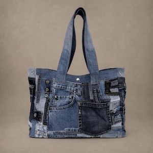 Recycled Patchwork Denim Shoulder Bag, Everyday Upcycled  Jeans Tote