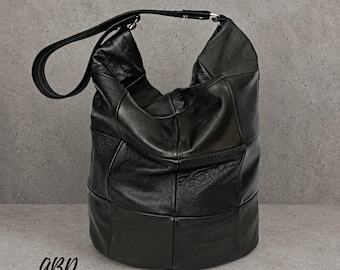 Black Leather Hobo Bag, Soft Slouchy Shoulder Tote