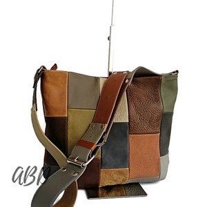 Neutrale Leder Crossbody Tasche, Naturton Leder Geldbörse, Handgemachte Alltagstasche, Weiche Leder Sling Bag für Frauen, Patchwork tasche