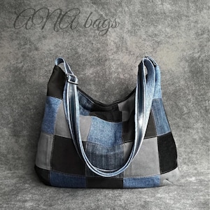 Upcycled denim crossbody hobotas, gerecyclede jeans alledaagse portemonnee