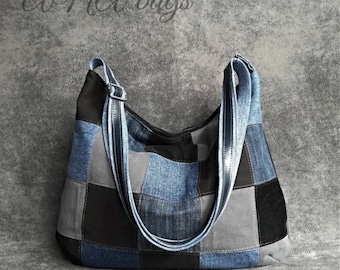 Bolso bandolera estilo hobo de mezclilla reciclada, bolso de uso diario hecho con jeans reciclados