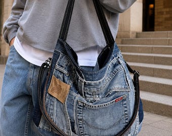 Recycled Jeans Patchwork Tote Bag, Large Denim Shoulder Hobo