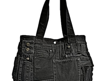 Recycled Black Denim Tote Bag: Large Jeans Handbag