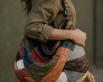 Large leather hobo bag, Soft slouchy shoulder tote, Casual boho handbag