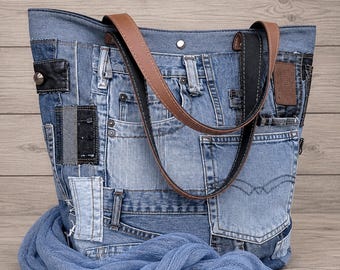 Recycled Denim Patchwork Tote Bag, Handmade Upcycled Jeans Purse
