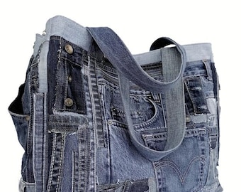 Recycled Denim Patchwork Tote Bag: Eco-Friendly Jeans Purse