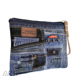 Upcycled Denim Patchwork Clutch Bag: Handmade Jean Purse with Leather Wristlet
