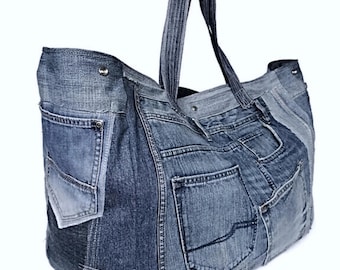 Oversized upcycled denim tote bag, Recycled  jeans bag for shopping, beach, travel or gym
