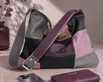 Patchwork Leather Hobo Bag, Handmade Boho Everyday Shoulder Tote