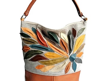 Leather hobo bag Leather women bag Leather handbag Leather women purse Multicolored bag Flower bag Canvas- leather bag Unique leather purse