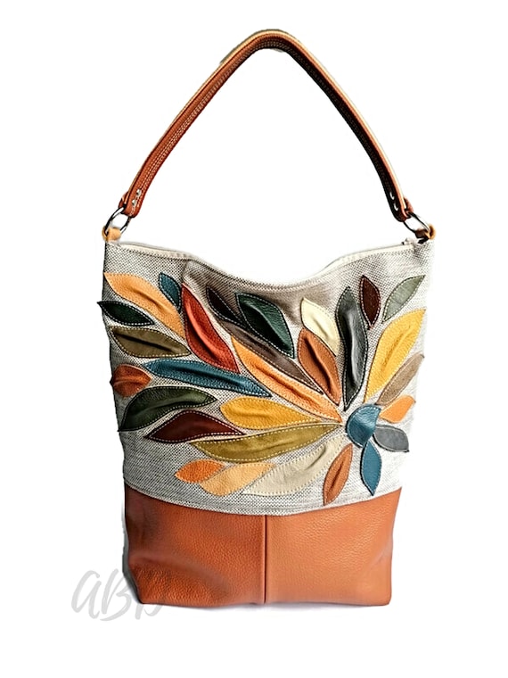 Handmade Leather Hobo Bag: Floral Appliqué Shoulder Purse