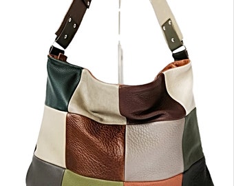 Patchwork Leather Hobo Bag: Earth Tone Shoulder Tote