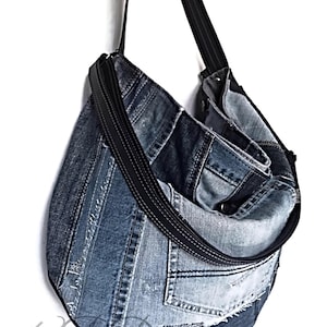 Bolso de patchwork de vaqueros reciclados, bolso bandolera de mezclilla, bolso de mano de mezclilla único hecho a mano con detalles de cuero, bolso de mano grande de mezclilla