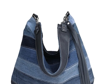Recycled Denim Shoulder Bag: Handmade Jeans Purse with Pockets