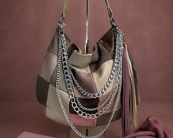Große Leder Hobo Bag, Slouchy Schultertasche mit Abnehmbarer Kette und Quasten