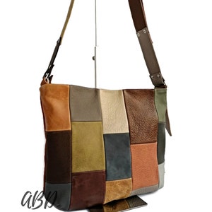 Bunte Qualität Leder Patchwork Crossbody Bag, Einzigartige Weiche Leder Geldbörse, Verstellbare Riemen Schultertasche, Erdton Handtasche für Frauen