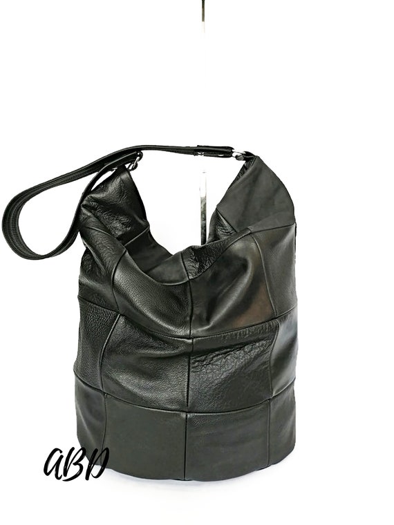 ブラックレザーパッチワークホーボーバッグ：ソフトレザーショルダー