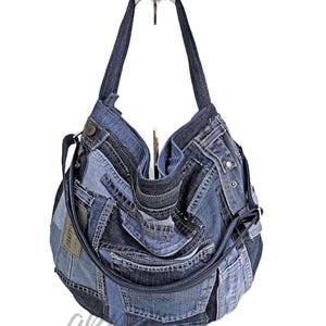 Recycled Denim Patchwork Hobo Bag: Upcycled Jean Shoulder Purse