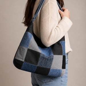 Upcycled Denim Crossbody Hobo Bag, Recycled Jeans Everyday Purse