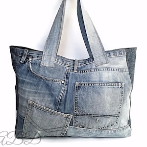 Large Denim Tote Bag, Upcycled Jeans Shoulder Purse, Sturdy Jeans Handbag, Women’s Everyday Denim Bag, Laptop Tote with Reinforced Handles