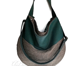 Large Vegan Hobo Bag: Green & Brown Faux Leather Shoulder Bag