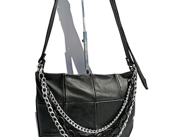 Schwarze Patchwork Umhängetasche: Handgemachte minimalistische Handtasche