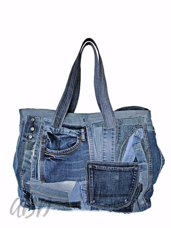 エコバッグ THE MUSEUM VISITOR BNG PRINTED WASHED DENIM TOTE BAG LIGHT B Oversized Denim Bag, Large Recycled Jeans Bag, Eco Bag for