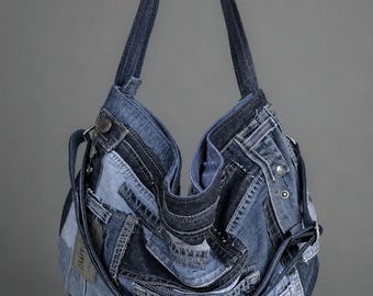 Bolso tote de mezclilla reciclada, bolso de hombro de mezclilla hecho a mano para uso diario.