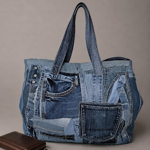 Oversized Upcycled Denim Tote Bag, Patchwork Jeans Eco Bag