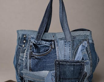 Bolso tote extragrande de mezclilla reciclada, bolso ecológico de retazos de mezclilla.