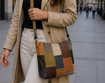 Leather Crossbody Bag in Patchwork, Handmade Purse in Neutral