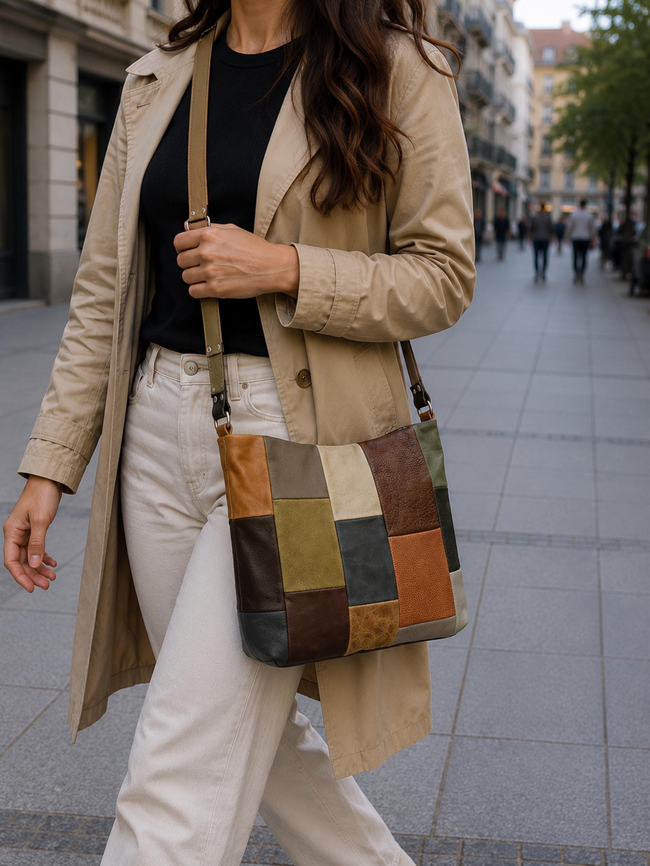 Leather Crossbody Bag in Patchwork, Handmade Purse in Neutral