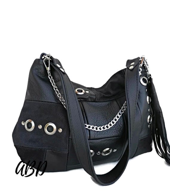 Black Leather Patchwork Hobo Bag: Silver Chain & Studs  display picture 3