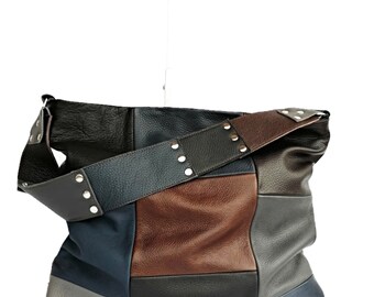 Bolso hobo de cuero patchwork hecho a mano: bolso de hombro holgado