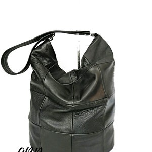 Schwarze Leder Hobo Bag, Handgefertigte Leder Schulter Geldbörse, Patchwork Leder Handtasche, Weiche Schwarze Leder Tote, Leder Schulter patchwork Tasche