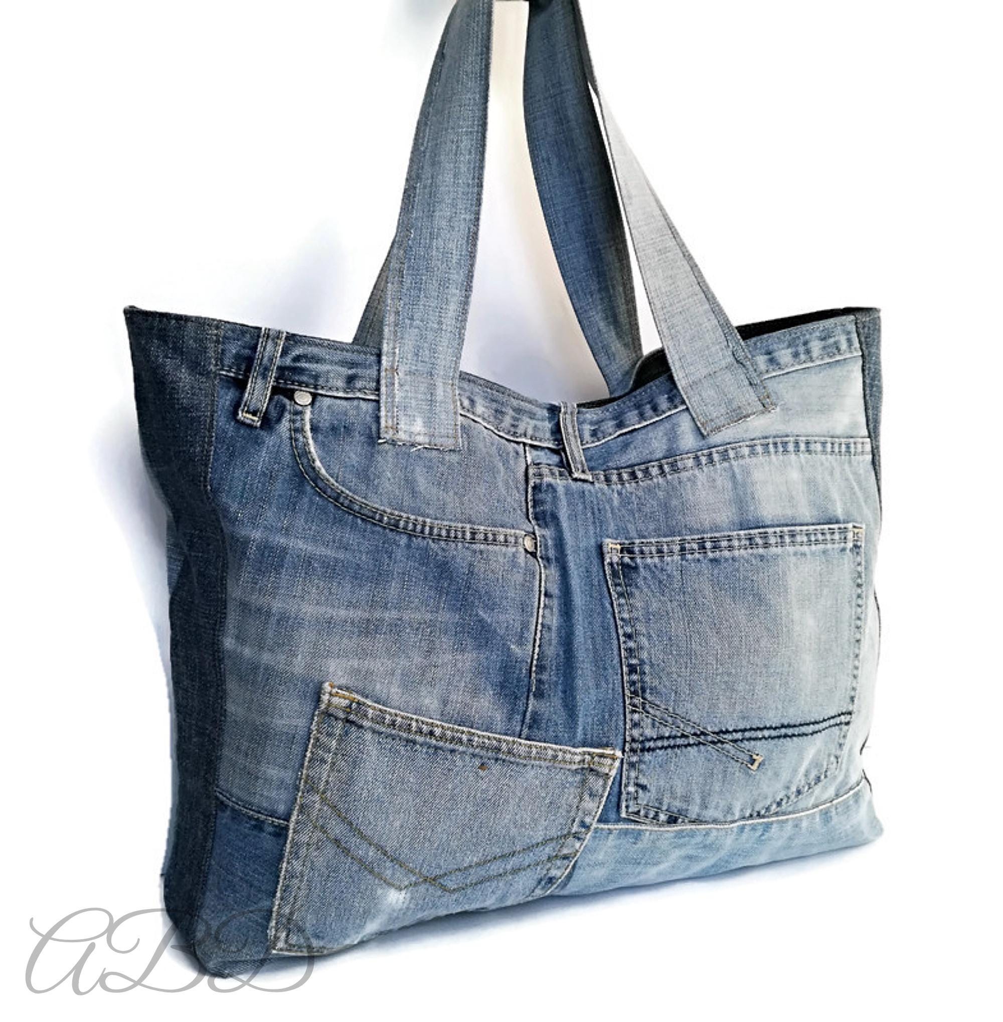 Large Denim Tote Bag, Upcycled Jeans Shoulder Purse, Sturdy
