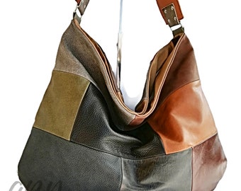 Bolso hobo de cuero patchwork hecho a mano: bolso de hombro en tonos tierra