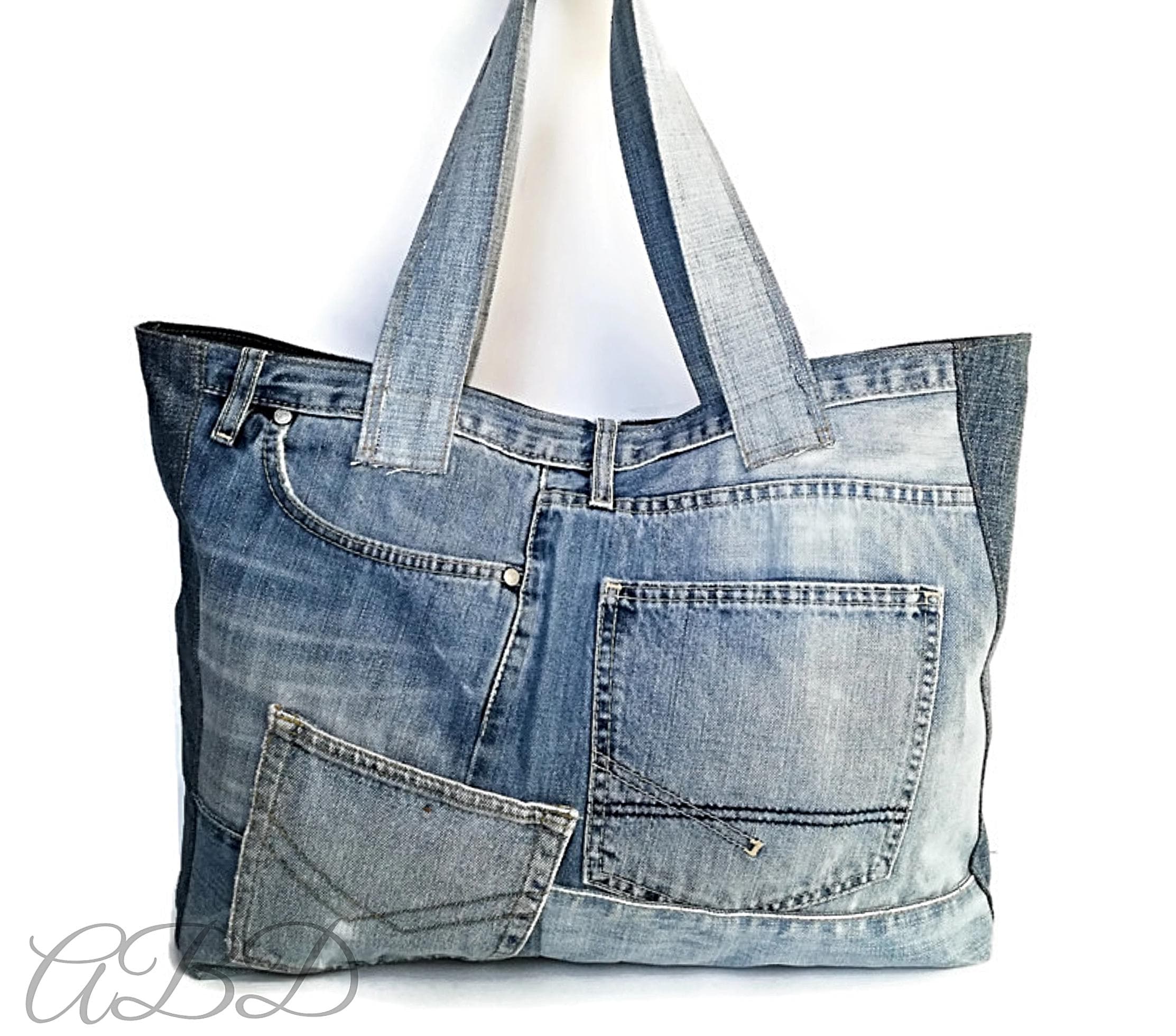 Large Denim Tote Bag, Upcycled Jeans Shoulder Purse, Sturdy