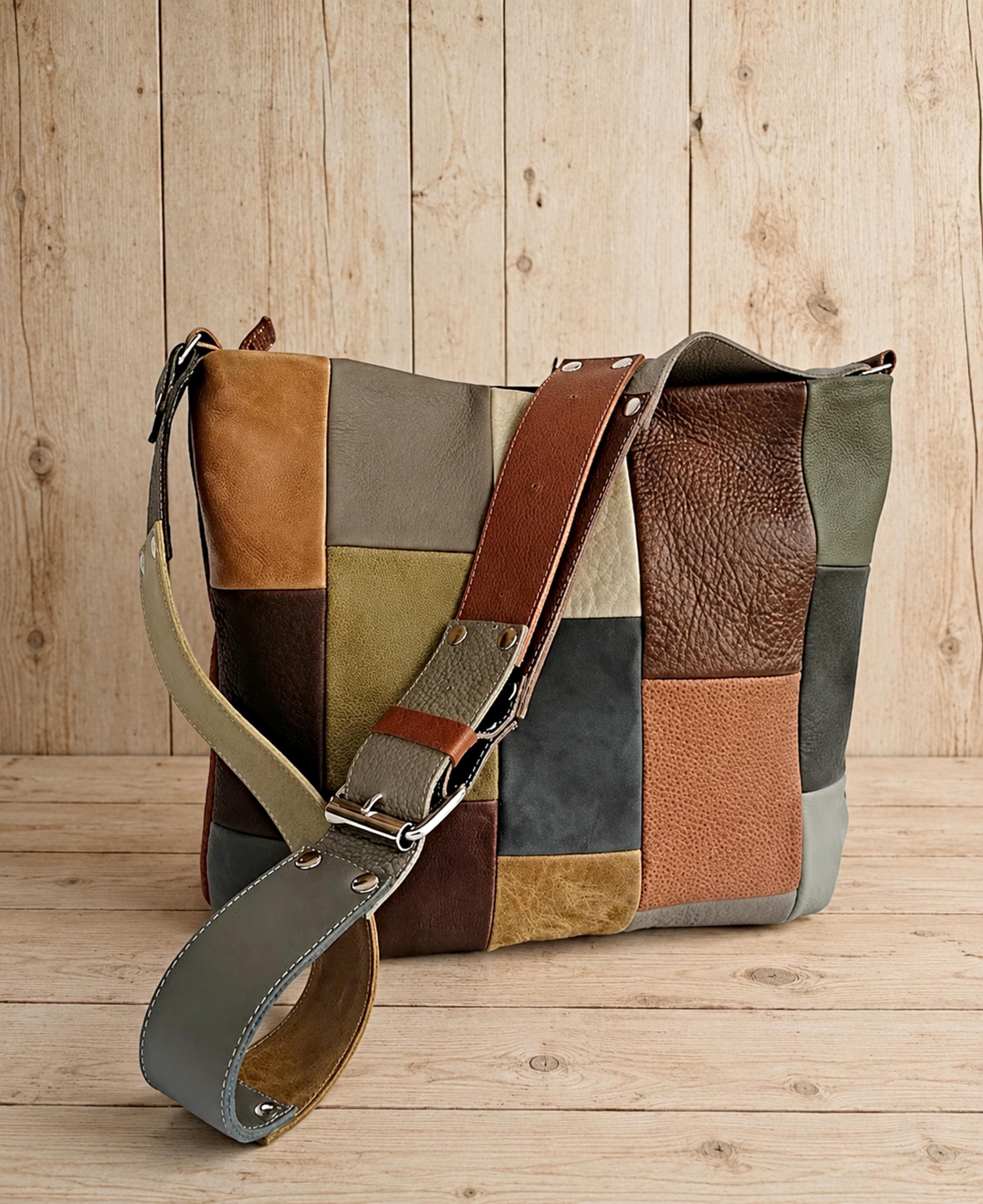 51015● 20AW HUMAN MADE PATCHWORK L/S Leather Crossbody Bag in Patchwork, Handmade Purse in Neutral