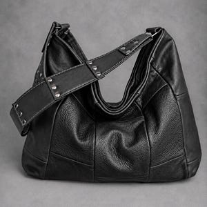 Large Black Leather Hobo Bag, Slouchy Shoulder Bag for Work, Travel and Daily Use