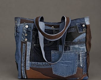 Oversized Recycled Denim Tote Bag, Upcycled Jeans Bag with Leather Scraps