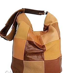 Leather hobo bag, Leather tote bag, Handmade slouchy patchwork shoulder purse, Soft leather everyday bag for women, Large leather handbag