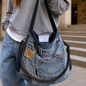 Upcycled Denim Patchwork Einkaufstasche, umweltfreundliche Denim Hobo Handtasche