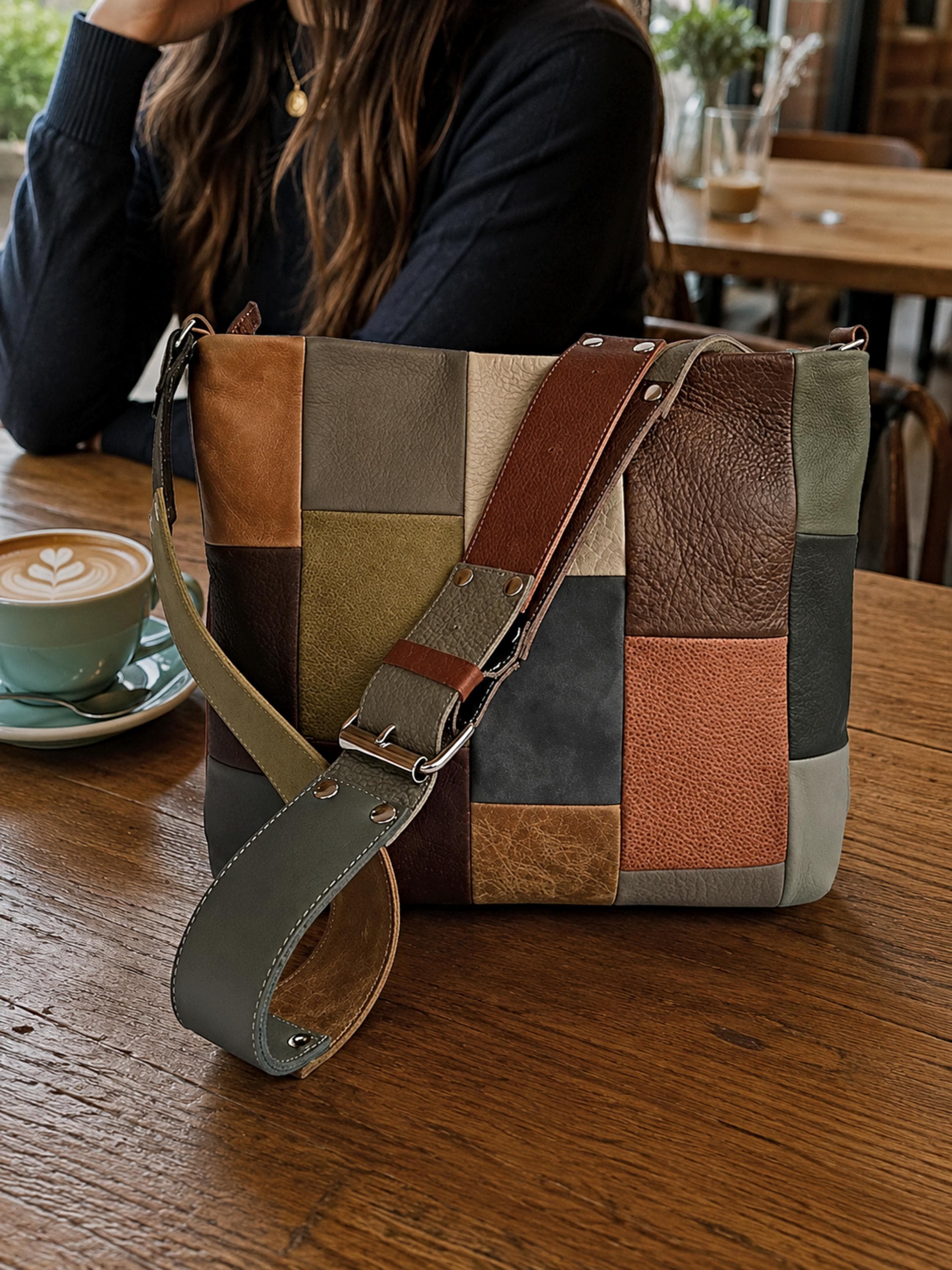 Leather Crossbody Bag in Patchwork, Handmade Purse in Neutral