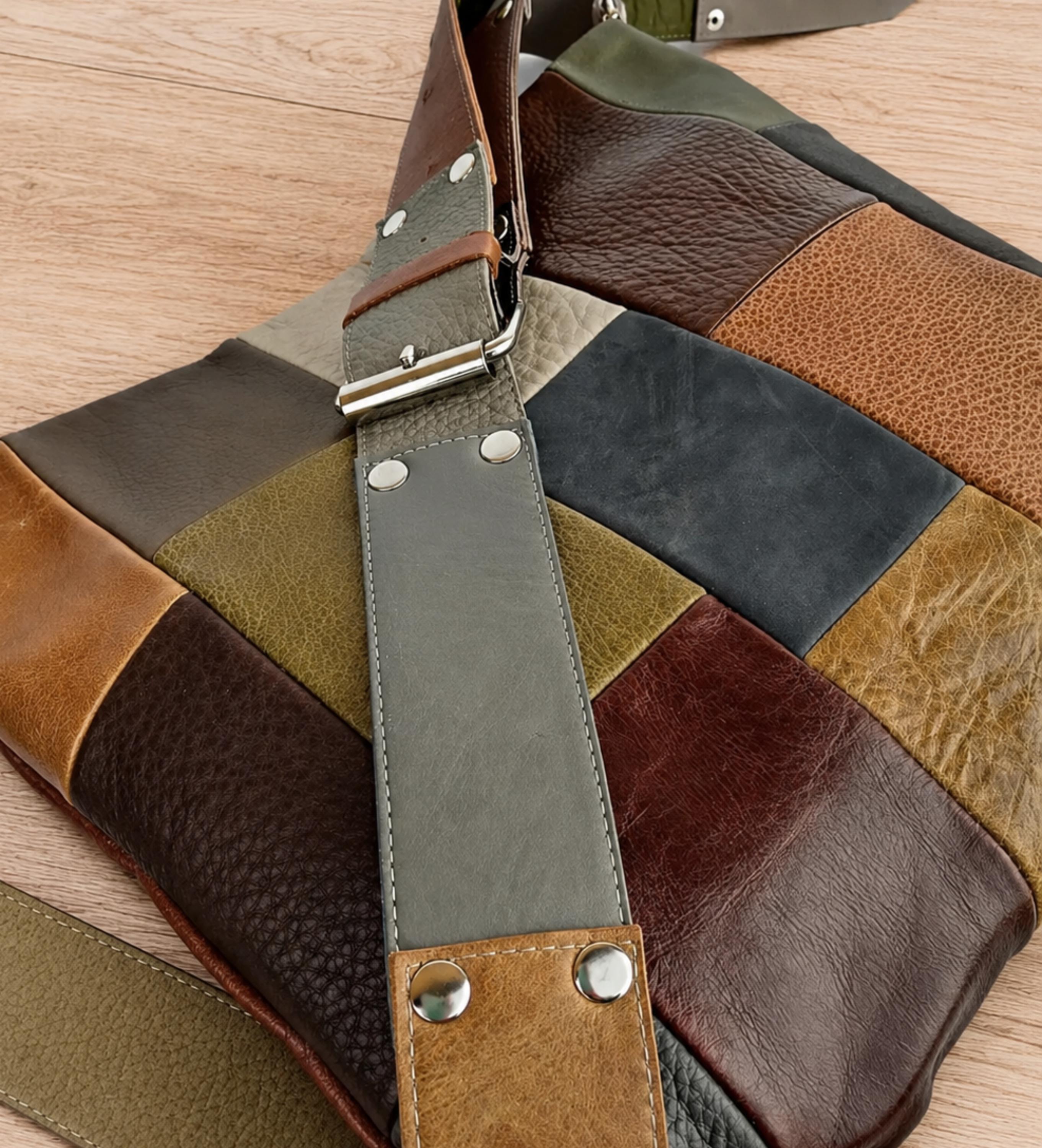 Leather Crossbody Bag in Patchwork, Handmade Purse in Neutral