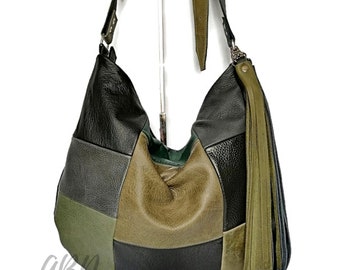 Large leather hobo bag with tassels, Everyday shoulder or crossbody tote for work, travel