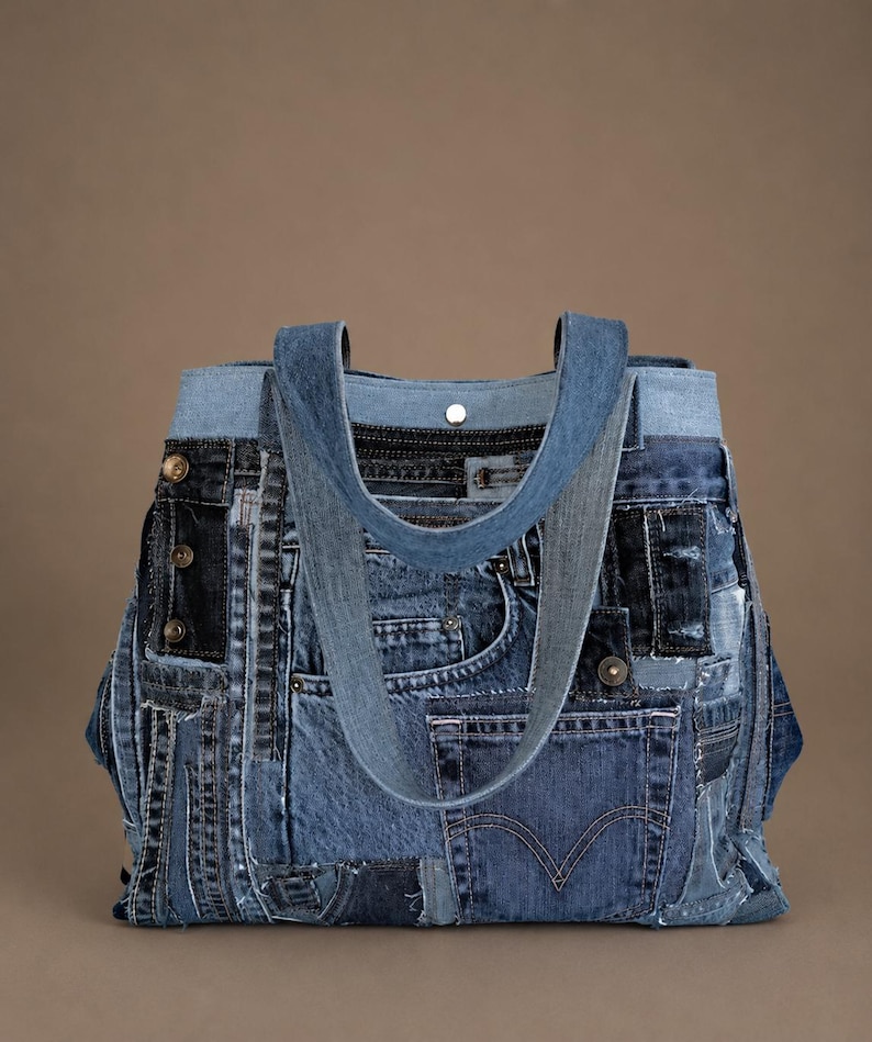 Duża torba z recyklingowanych jeansów, ekologiczna duża torba dżinsowa zdjęcie 11