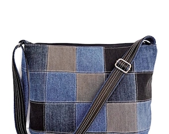 Upcycled Denim Crossbody Bag: Jeans Hobo with Zipper Pocket
