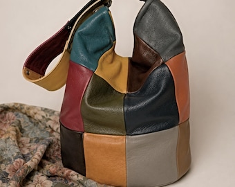 Multicolor Patchwork Leather Hobo Bag, Handmade Leather Shoulder Purse