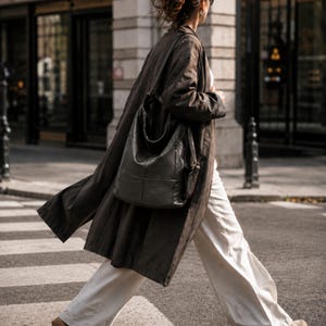 Black Leather Tote Bag, Casual Everyday Hobo Purse